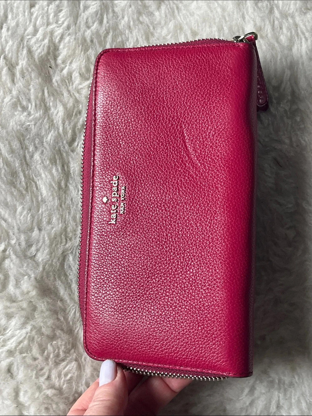 kate spade raspberry pebbled leather zip-around wallet